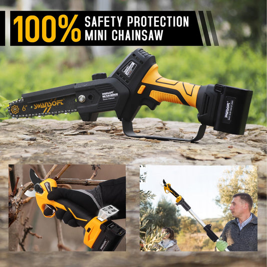 SWANSOFT PRU36 2-in-1 Set: Elektrische Gartenschere & 6" Akku-Kettensäge, inkl. 2×4Ah Akkus – Profi-Werkzeug für Weinberge & Obstgärten (147 Zeichen)