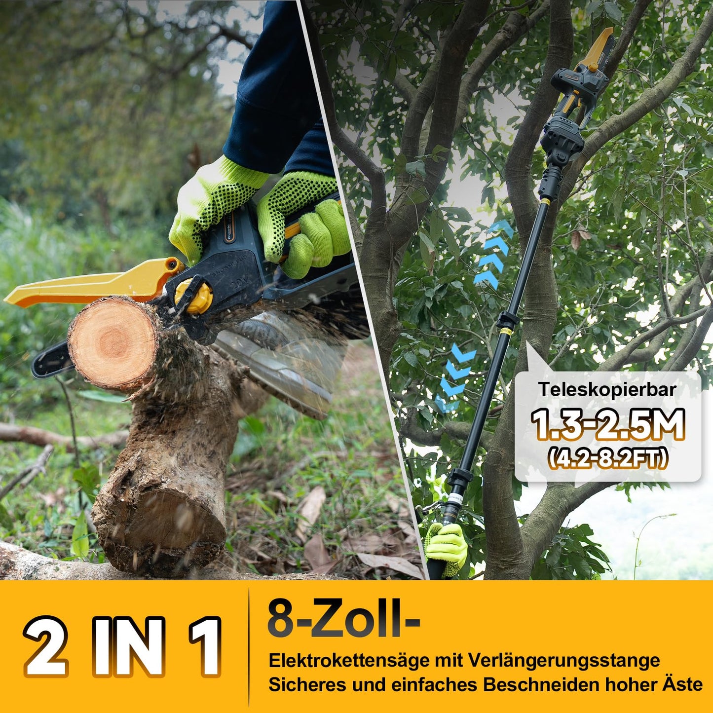 Prunarbo 8" Akku-Kettensäge mit Teleskopstange: Brushless, 2×4000mAh Akkus, automatischer Öler, Ersatzkette – ideal für Holz & Äste (148 Zeichen)