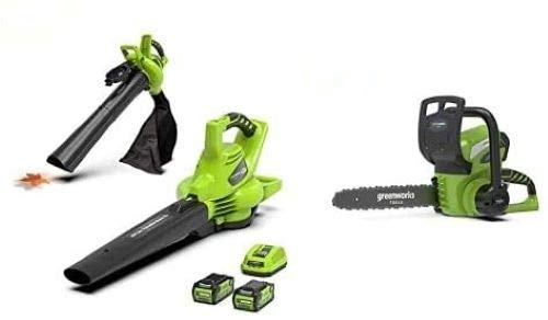 Greenworks 40V Set: Kettensäge G40CS30 & Laubbläser GD40BV, 2×2Ah Akku + Ladegerät, 4,3 m/s Kette, 280 km/h Luftstrom, Drehzahlregelung (149 Zeichen)