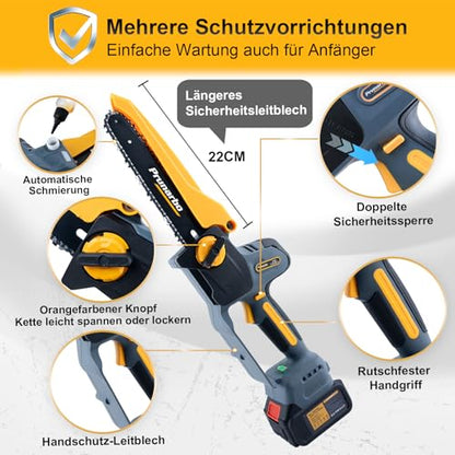 Prunarbo 8" Akku-Kettensäge mit Teleskopstange: Brushless, 2×4000mAh Akkus, automatischer Öler, Ersatzkette – ideal für Holz & Äste (148 Zeichen)