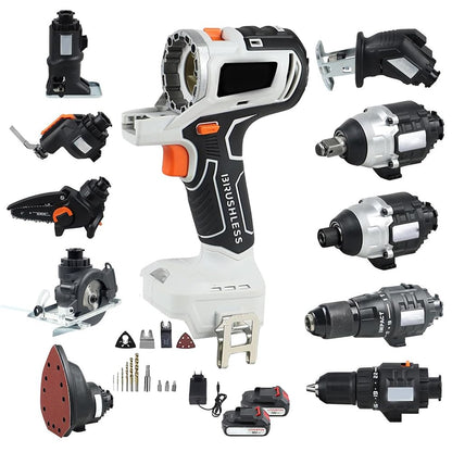 10-in-1 Akku-Holzbearbeitungs-Set: Bürstenloses Elektrowerkzeug mit Sägen, Kettensäge, Oszillierer, Schrauber & Schraubenschlüssel (148 Zeichen)