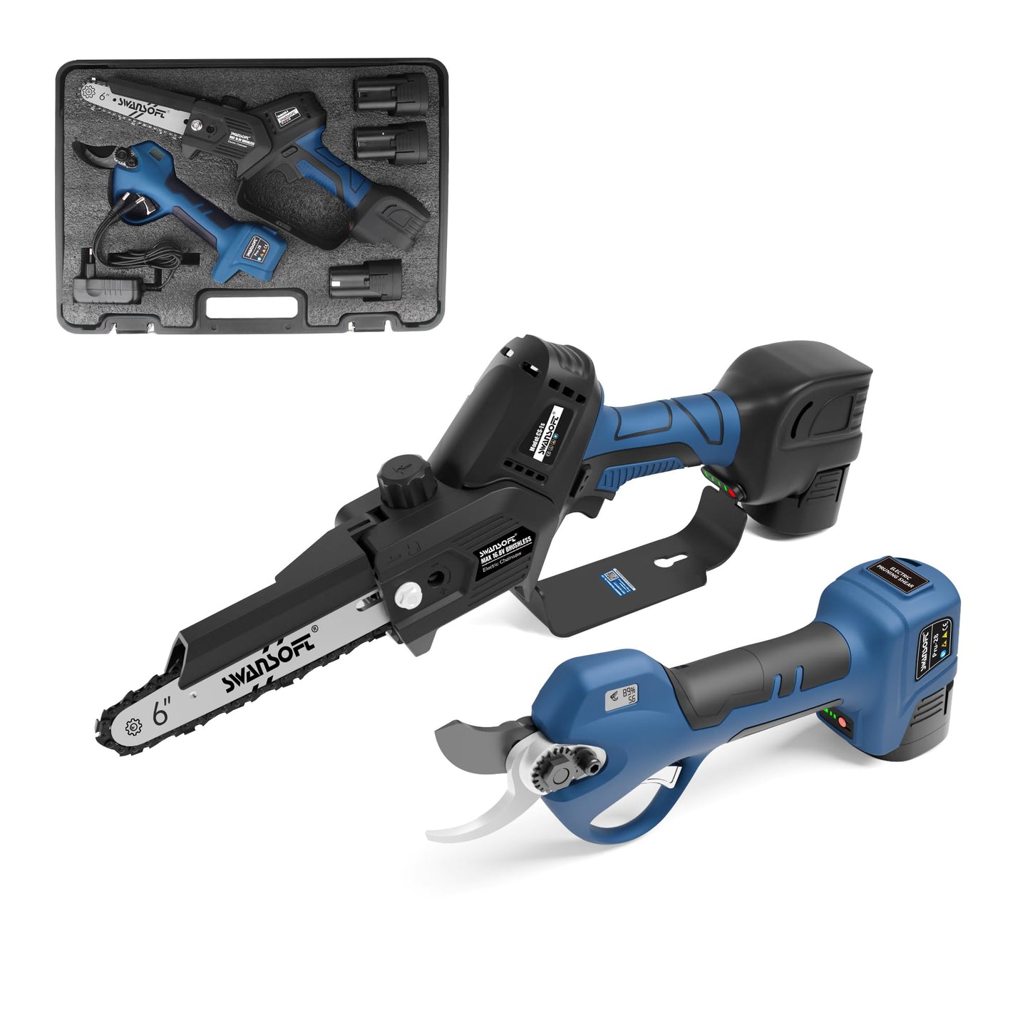 SWANSOFT PRU28 2-in-1 Schnittset: Akku-Schere & 6" Akku-Kettensäge, inkl. 3 Akkus – ideal für Gartenarbeit & Heimwerker (146 Zeichen)