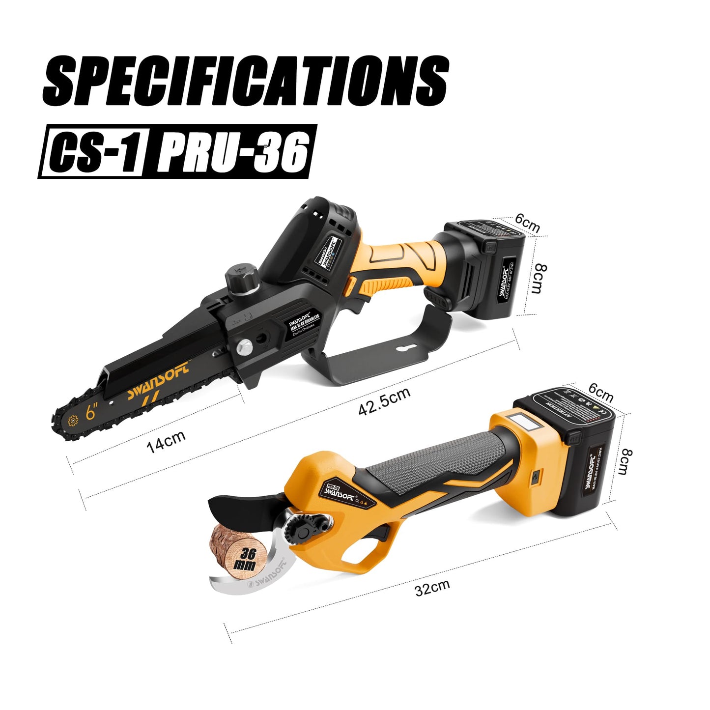 SWANSOFT PRU36 2-in-1 Set: Elektrische Gartenschere & 6" Akku-Kettensäge, inkl. 2×4Ah Akkus – Profi-Werkzeug für Weinberge & Obstgärten (147 Zeichen)