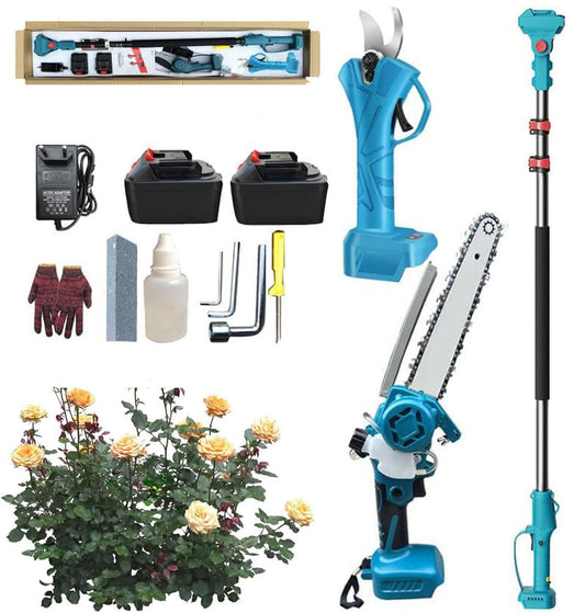 4-in-1 Hochentaster & Astscheren-Set: 8" Mini-Kettensäge, kabellose Gartenschere mit Verlängerungsstange, 2x 13000mAh Akkus (148 Zeichen)