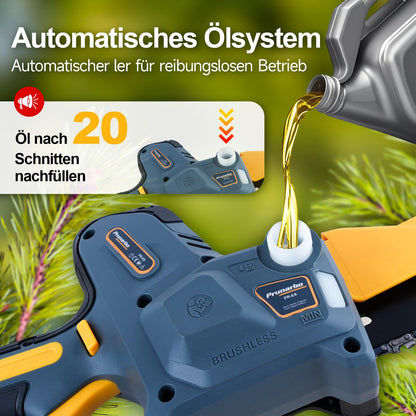 Prunarbo 8" Akku-Kettensäge mit Teleskopstange: Brushless, 2×4000mAh Akkus, automatischer Öler, Ersatzkette – ideal für Holz & Äste (148 Zeichen)
