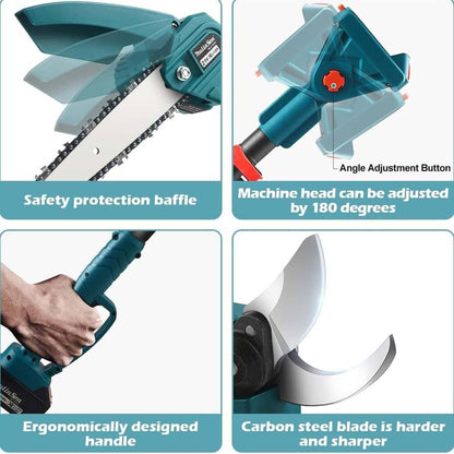 4-in-1 Hochentaster & Astscheren-Set: 8" Mini-Kettensäge, kabellose Gartenschere mit Verlängerungsstange, 2x 13000mAh Akkus (148 Zeichen)