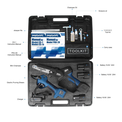 SWANSOFT PRU28 2-in-1 Schnittset: Akku-Schere & 6" Akku-Kettensäge, inkl. 3 Akkus – ideal für Gartenarbeit & Heimwerker (146 Zeichen)