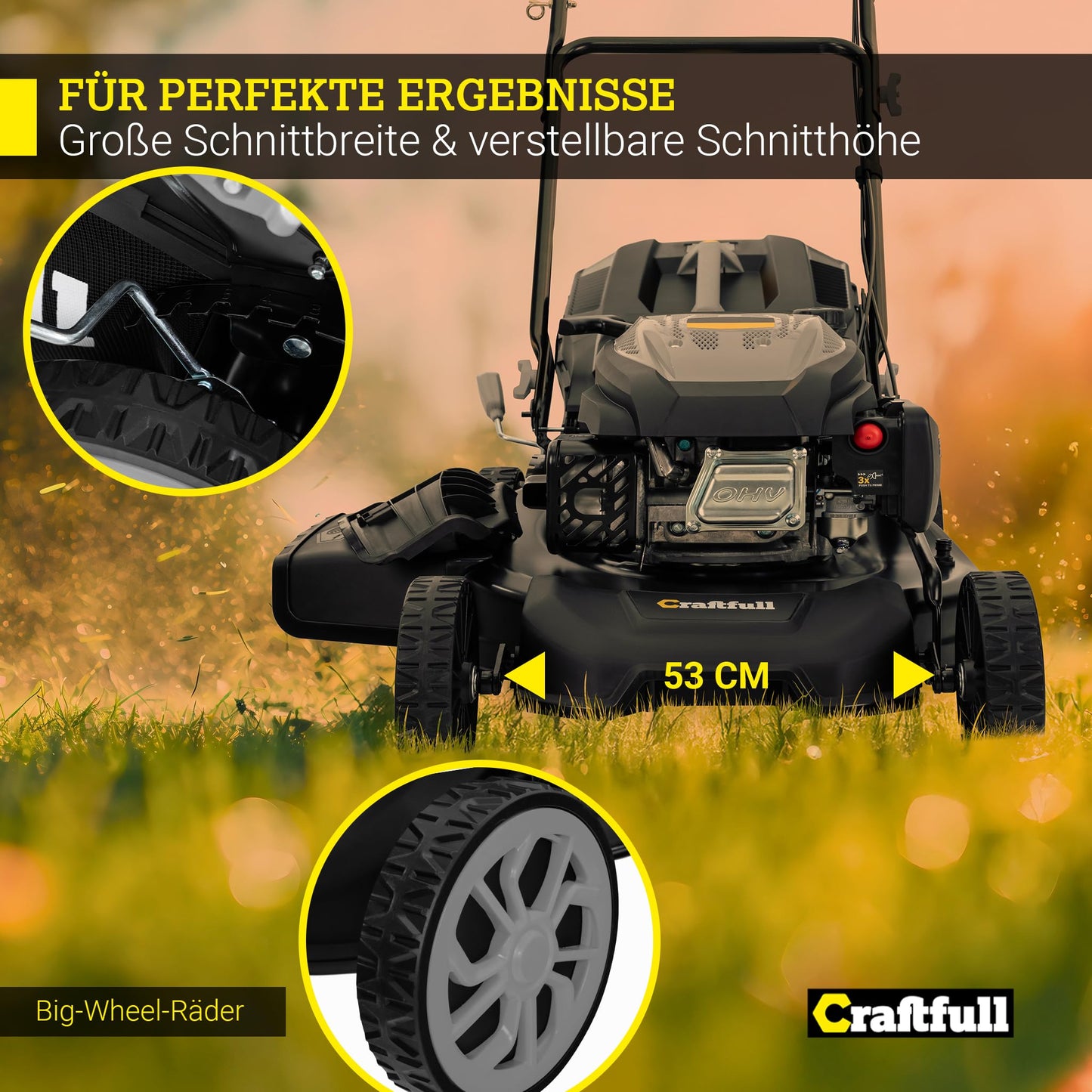 Craftfull Rasenmäher CR-196-30: 4,4 kW (6 PS) 190cc OHV Benzinmotor, Selbstfahrantrieb, 53 cm Schnittbreite, 7 Stufen (148 Zeichen)
