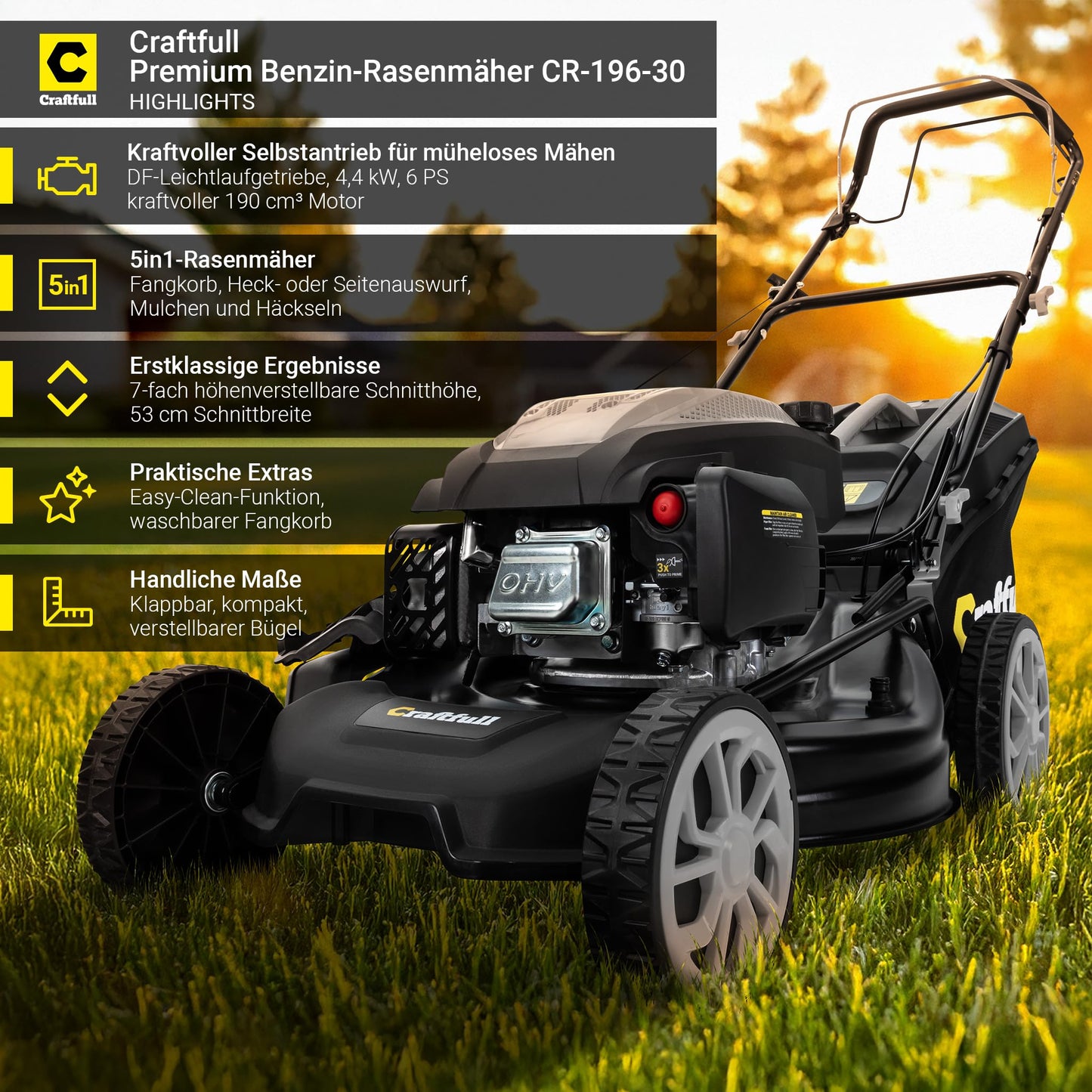 Craftfull Rasenmäher CR-196-30: 4,4 kW (6 PS) 190cc OHV Benzinmotor, Selbstfahrantrieb, 53 cm Schnittbreite, 7 Stufen (148 Zeichen)