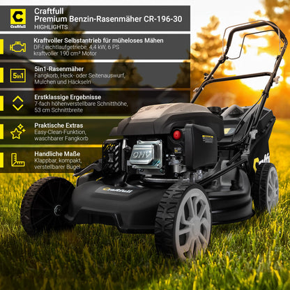 Craftfull Rasenmäher CR-196-30: 4,4 kW (6 PS) 190cc OHV Benzinmotor, Selbstfahrantrieb, 53 cm Schnittbreite, 7 Stufen (148 Zeichen)