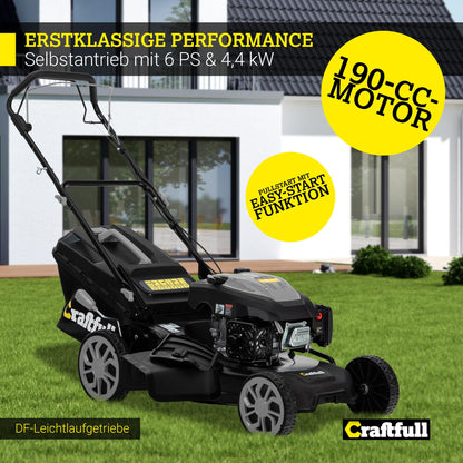 Craftfull Rasenmäher CR-196-30: 4,4 kW (6 PS) 190cc OHV Benzinmotor, Selbstfahrantrieb, 53 cm Schnittbreite, 7 Stufen (148 Zeichen)