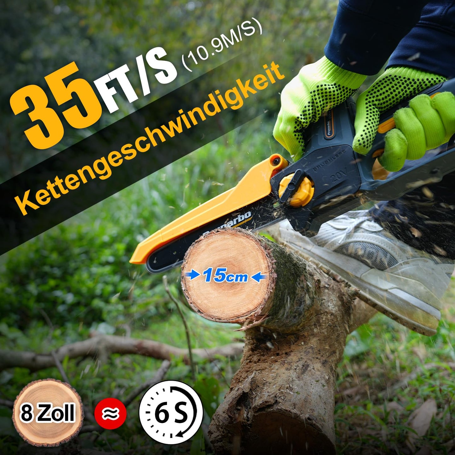 Prunarbo 8" Akku-Kettensäge mit Teleskopstange: Brushless, 2×4000mAh Akkus, automatischer Öler, Ersatzkette – ideal für Holz & Äste (148 Zeichen)