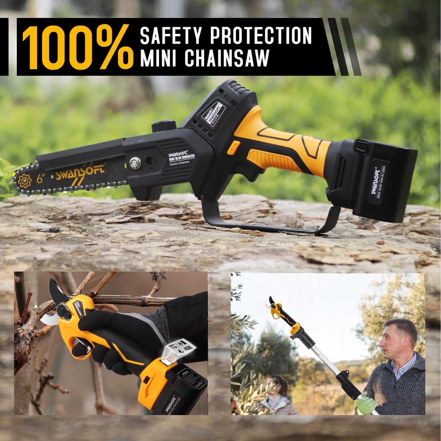 SWANSOFT PRU36 2-in-1 Set: Elektrische Gartenschere & 6" Akku-Kettensäge, inkl. 2×4Ah Akkus – Profi-Werkzeug für Weinberge & Obstgärten (147 Zeichen)