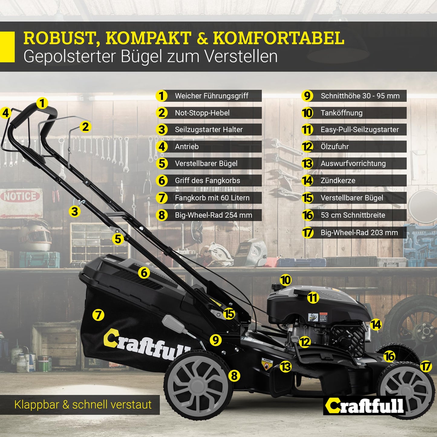 Craftfull Rasenmäher CR-196-30: 4,4 kW (6 PS) 190cc OHV Benzinmotor, Selbstfahrantrieb, 53 cm Schnittbreite, 7 Stufen (148 Zeichen)