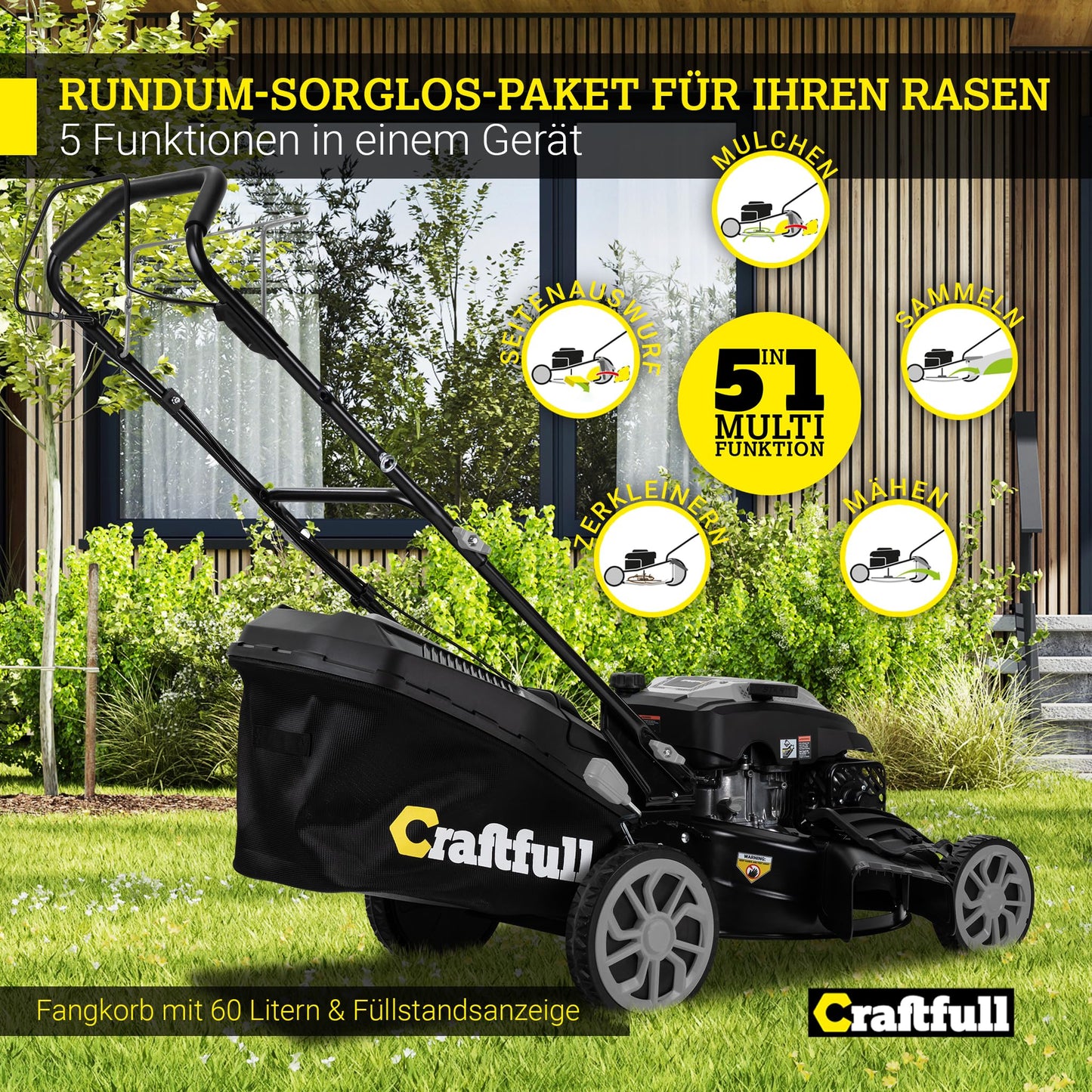 Craftfull Rasenmäher CR-196-30: 4,4 kW (6 PS) 190cc OHV Benzinmotor, Selbstfahrantrieb, 53 cm Schnittbreite, 7 Stufen (148 Zeichen)